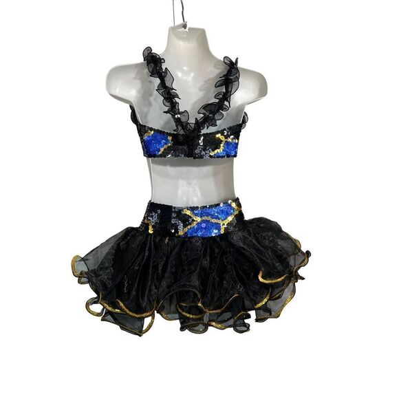 Black Gold Dance Cheer Pageant Costume Sequins Girls Medium CM 6pc Halter Tutu - Picture 5 of 14